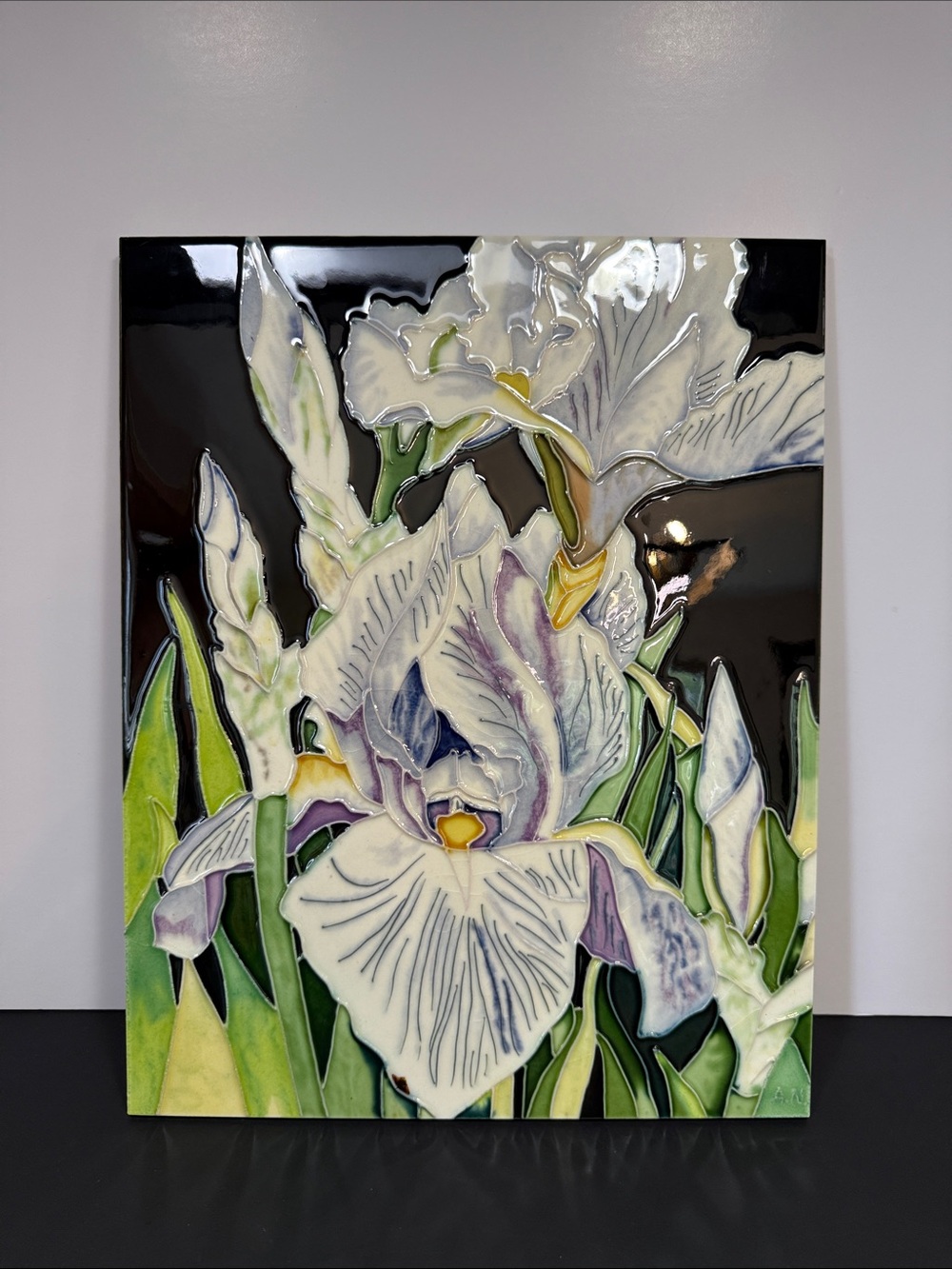 Signed A.N. Iris Raised ReliefCeramic Wall Plaque 14" X 11" BEAUTIFUL COLORFUL